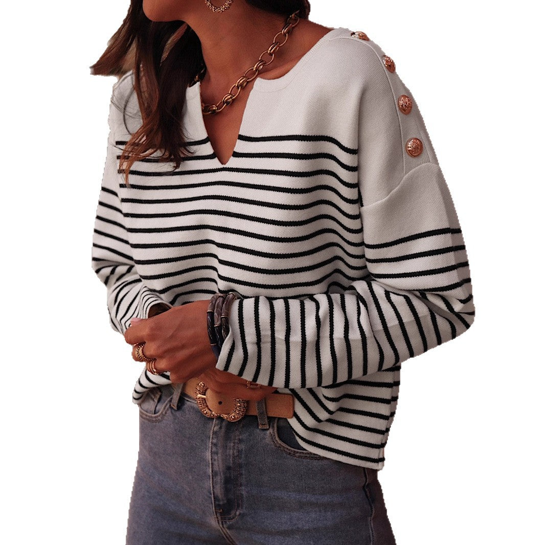 Damen modischer Sweater mit breiten Streifen und eleganten Knopfdetails EB