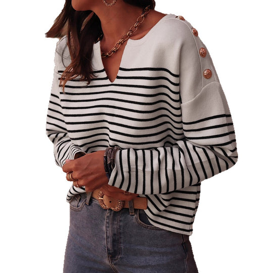 Damen modischer Sweater mit breiten Streifen und eleganten Knopfdetails EB