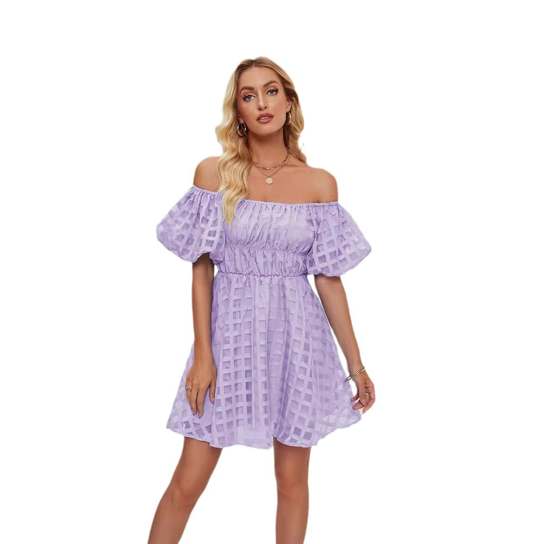Damen Freizeitkleid im modernen Karomuster mit Puffärmeln und elastischer Taille EB