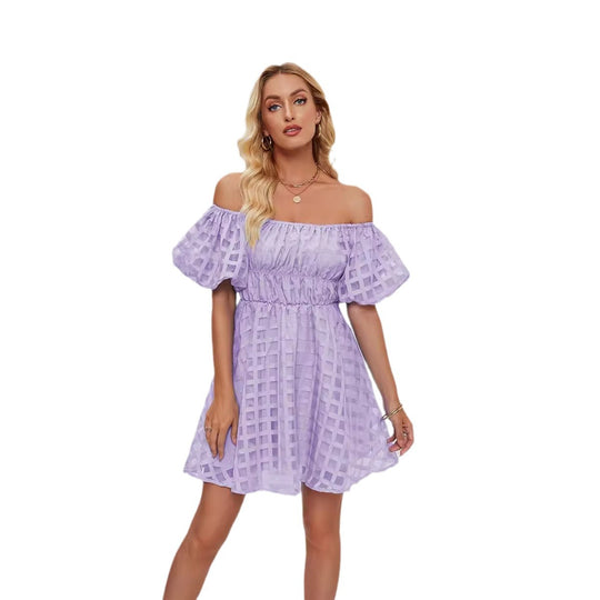 Damen Freizeitkleid im modernen Karomuster mit Puffärmeln und elastischer Taille EB