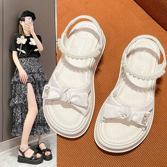 Damen modische Plateausandalen mit Schleifen-Detail und Perlenakzent EB