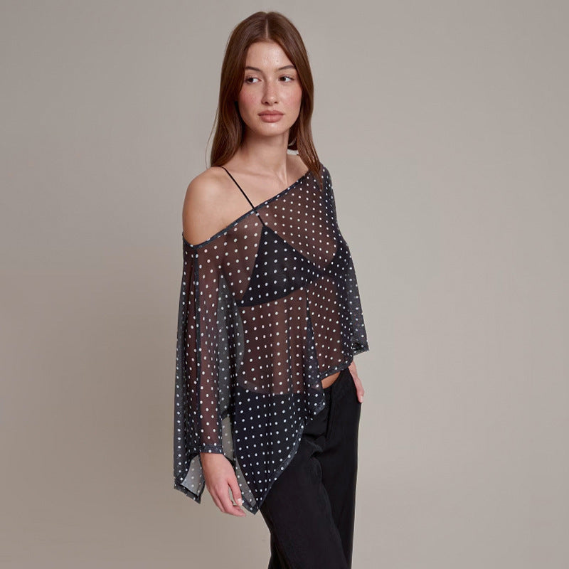 Damen transparentes Oberteil mit asymmetrischem Schnitt und Polka-Dots EB