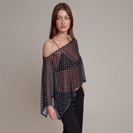 Damen transparentes Oberteil mit asymmetrischem Schnitt und Polka-Dots EB