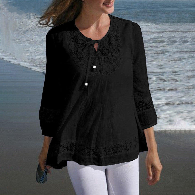Damen Lässige Tunika-Bluse mit Häkelspitze, Bindekragen und dreiviertel Ärmeln EB