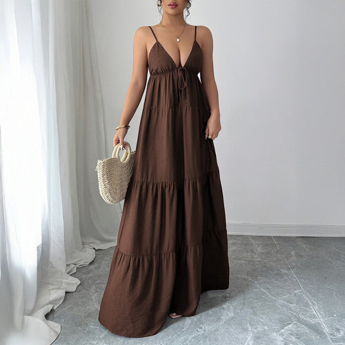 Damen Elegantes Maxikleid mit verstellbaren Spaghettiträgern und Rüschendetails EB