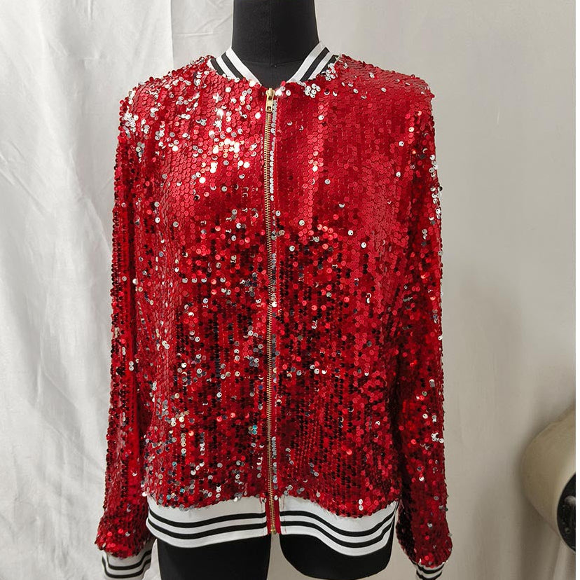 Damen Glamouröse Pailletten Bomberjacke EB