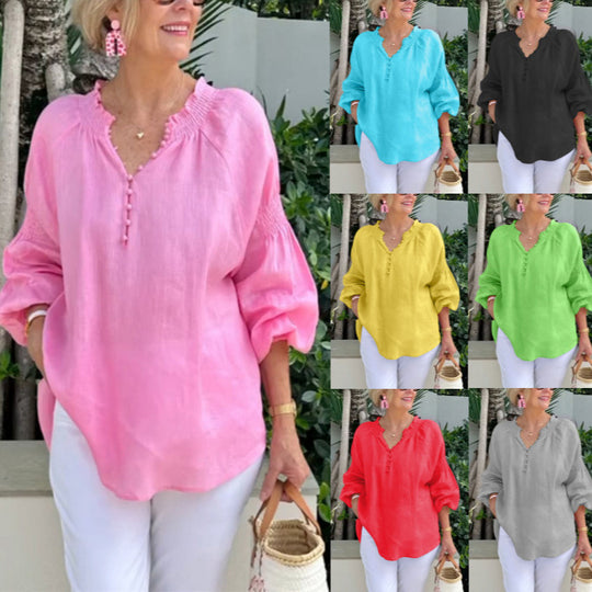 Damen Leichte Bluse mit elastischen Puffärmeln und Knopfleiste EB