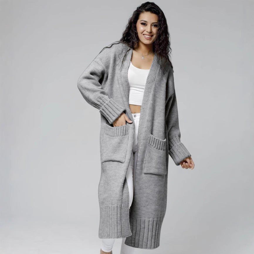 Damen Langer Strickmantel mit praktischen Taschen und strukturiertem Design EB