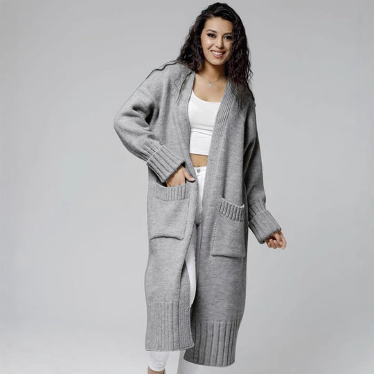 Damen Langer Strickmantel mit praktischen Taschen und strukturiertem Design EB