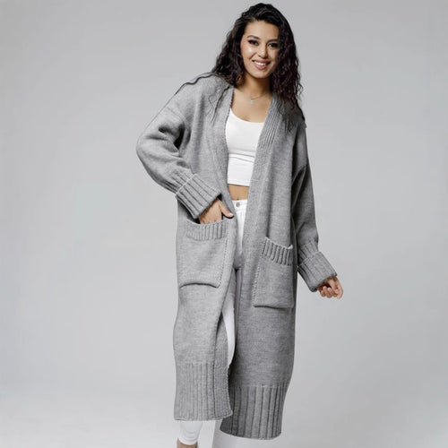 Damen Langer Strickmantel mit praktischen Taschen und strukturiertem Design EB