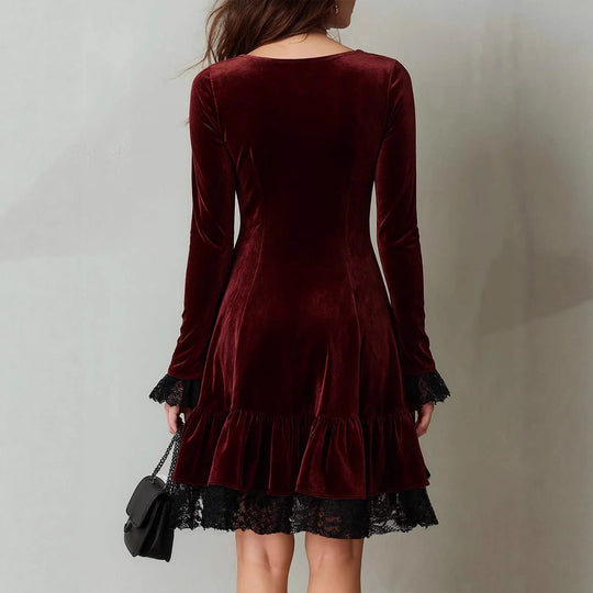 Damen Samt Minikleid mit Spitzenvolant und langen Ärmeln EB