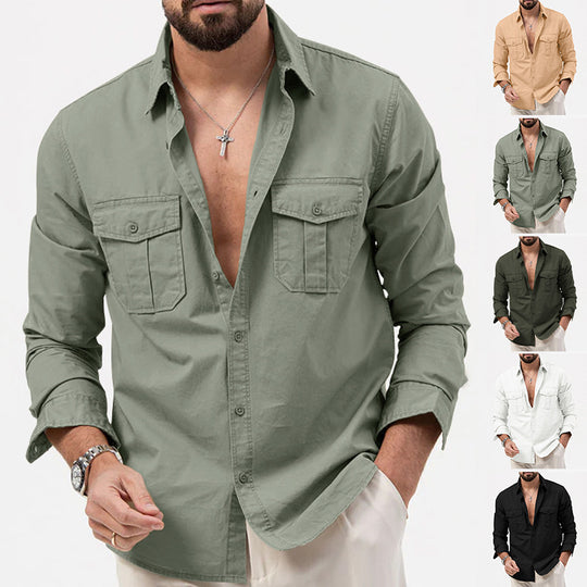 Herren nan legeres Baumwoll-Twill-Hemd mit aufgesetzten Brustklappen und Kentkragen EB