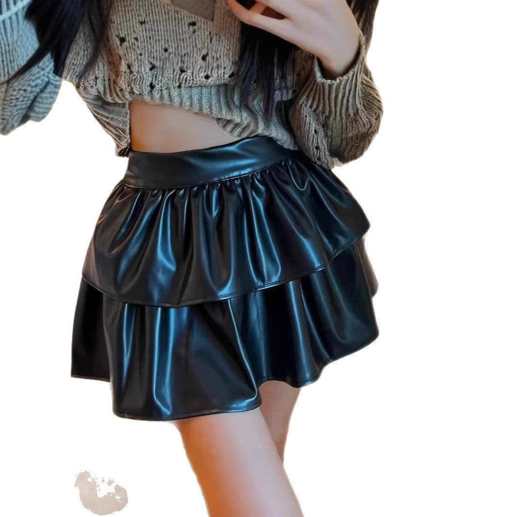 Damen Mini-Rock mit voluminösem Stufen-Design aus hochwertigem Kunstleder EB