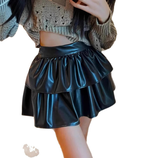 Damen Mini-Rock mit voluminösem Stufen-Design aus hochwertigem Kunstleder EB