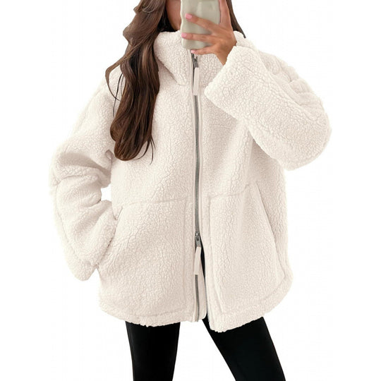 Damen Kuschelige Teddyfelljacke mit hohen Kragen und Reißverschluss EB