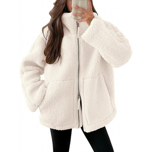 Damen Kuschelige Teddyfelljacke mit hohen Kragen und Reißverschluss EB