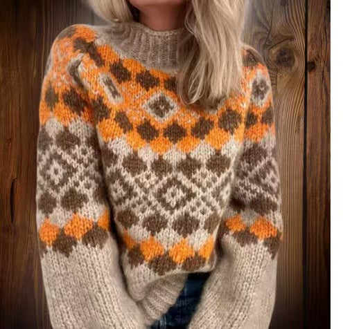 Damen nan kuscheliger Norweger-Strickpullover mit Stehkragen und Oversize-Passform EB