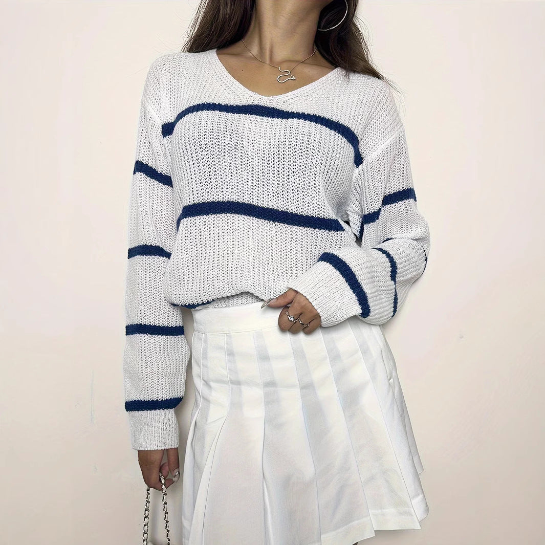 Damen lässiger Strickpullover mit Streifen EB