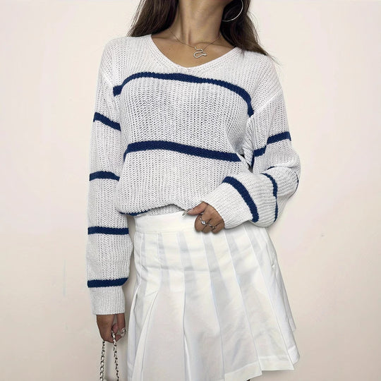 Damen lässiger Strickpullover mit Streifen EB