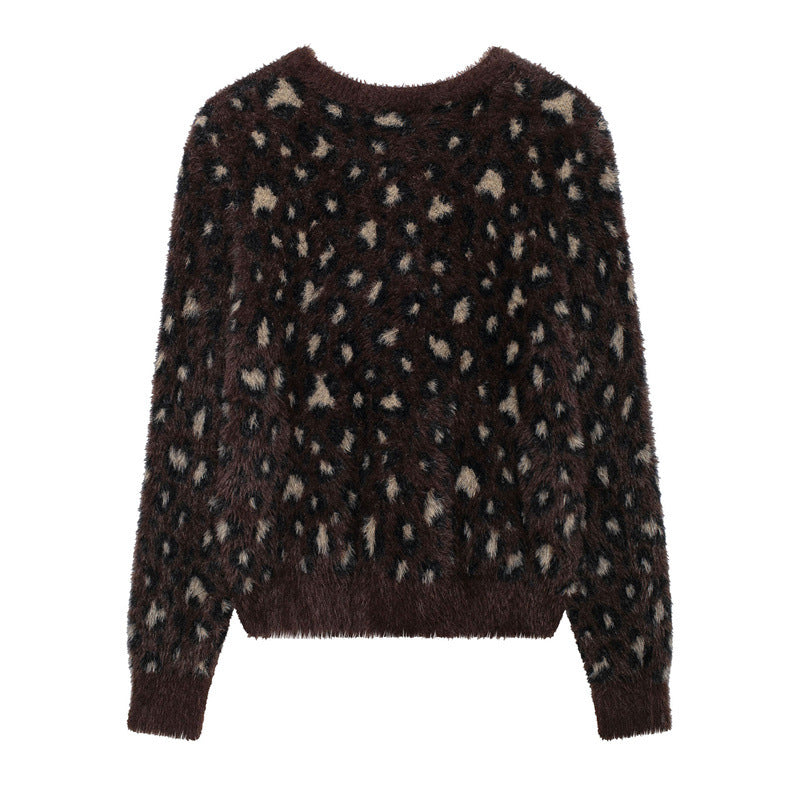 Damen Kuschelige Leopardenmuster-Strickjacke mit eleganten Knopfdetails EB