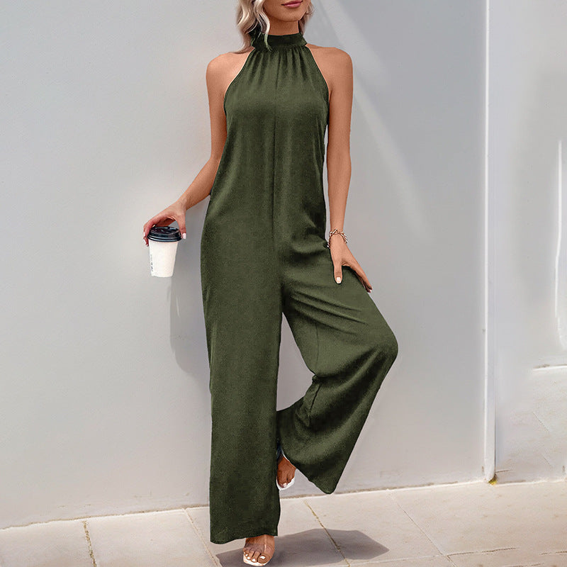 Damen eleganter Jumpsuit mit hohem Kragen und weitem Bein EB