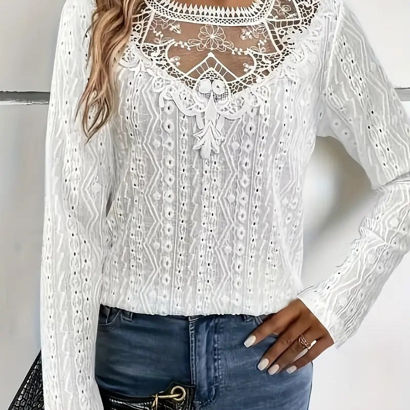 Damen elegante Bluse mit Spitzeneinsätzen und detailliertem Lochmuster EB