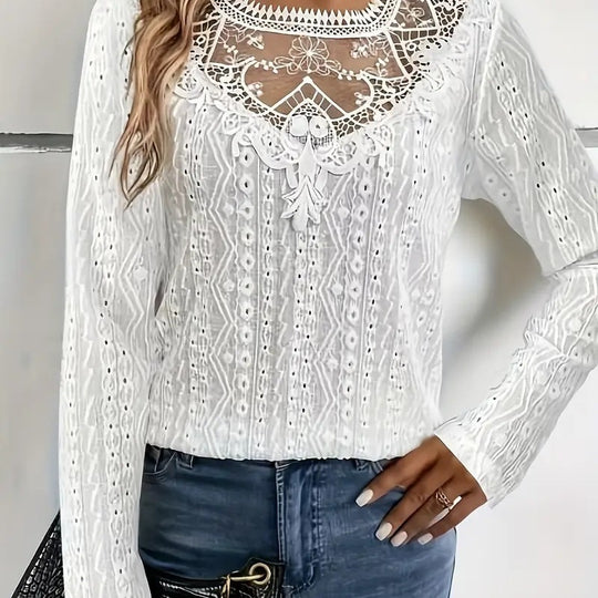 Damen elegante Bluse mit Spitzeneinsätzen und detailliertem Lochmuster EB