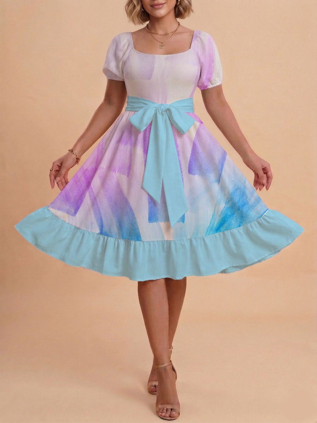 Damen Retro Maxikleid mit Puffärmeln und Taillengürtel EB