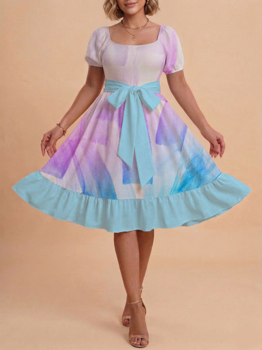Damen Retro Maxikleid mit Puffärmeln und Taillengürtel EB