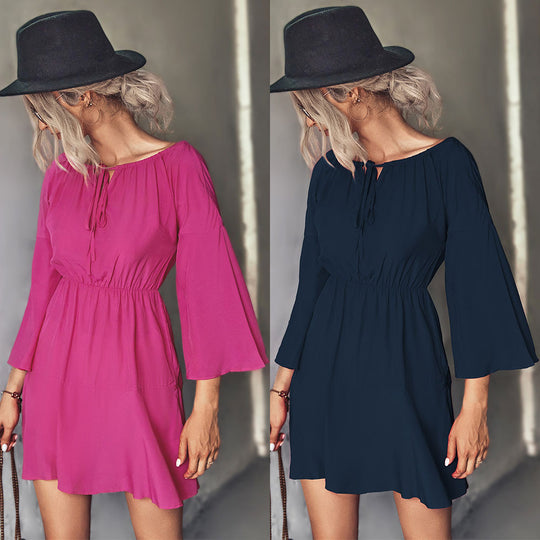 Damen Frühling Minikleid mit elastischem Taillenbund und voluminösen Ärmel EB