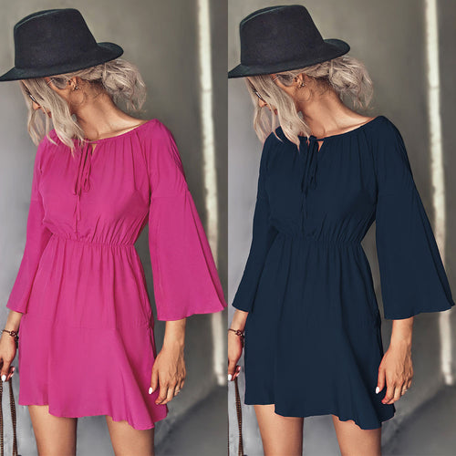 Damen Frühling Minikleid mit elastischem Taillenbund und voluminösen Ärmel EB