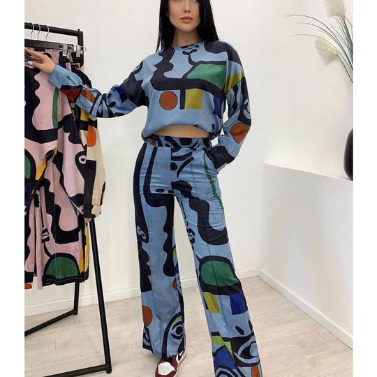 Damen Lässiges Shirt- und Hosen-Set mit buntem grafischen Muster EB