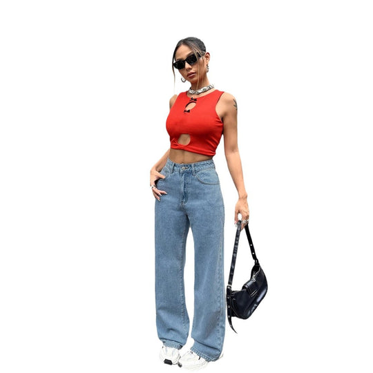 Damen weite Jeanshose mit aufgesticktem Erdbeer-Motiv und hohem Bund EB