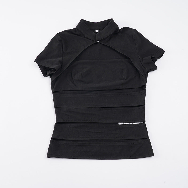 Damen Cropped Blusenshirt aus strapazierfähigem Stretchmaterial mit elegantem Stehkragen EB