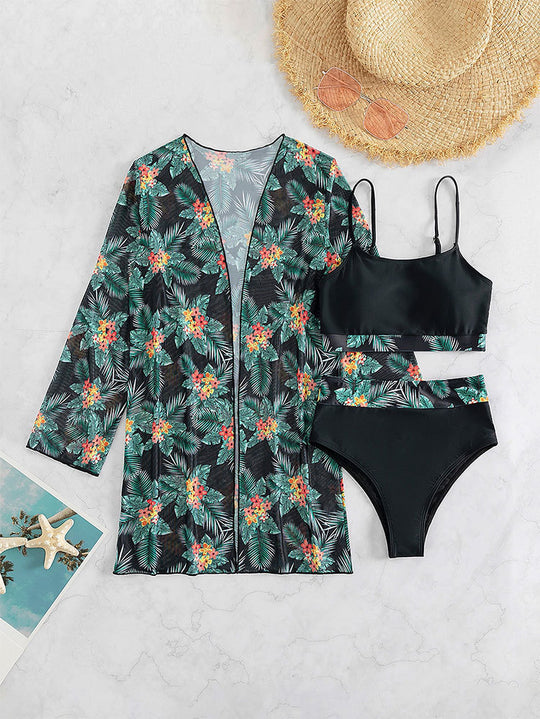 Damen Bikini-Set mit floralem Hohe-Taillenslip und passendem Kimono EB