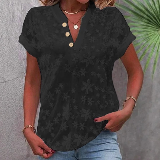 Damen Bluse mit floralem Stickmuster und klassischem V-Ausschnitt EB