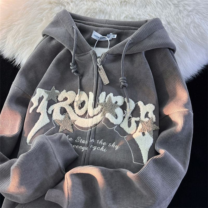 Damen nan gerippte Oversize Kapuzenjacke mit Reißverschluss, Chenille-Stickerei und Stern-Anhängern EB