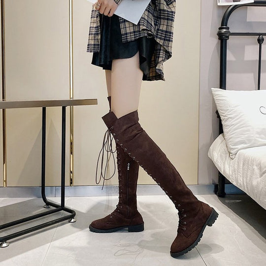 Damen Overknee-Stiefel mit modischer Schnürung und rutschfester Sohle EB