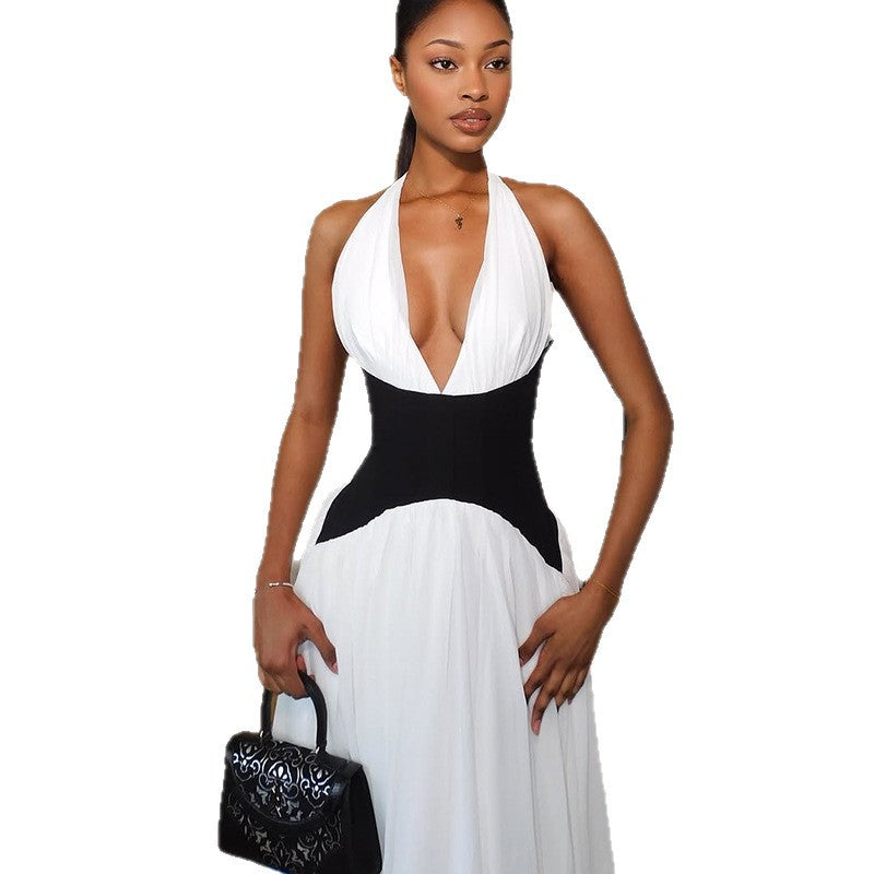 Damen Elegantes Maxikleid mit tiefem V-Ausschnitt und stilvollem Farbkontrast EB