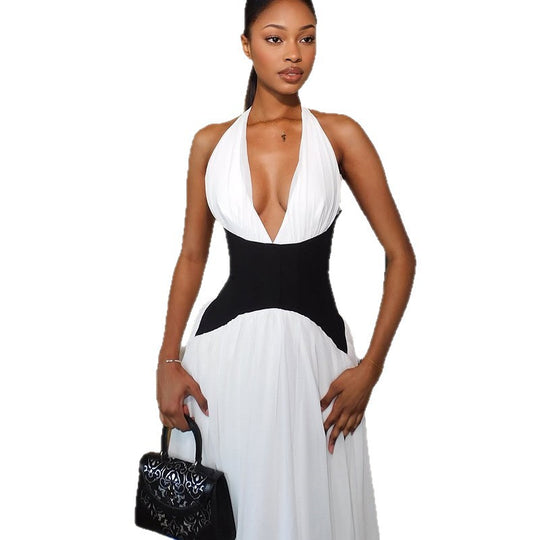 Damen Elegantes Maxikleid mit tiefem V-Ausschnitt und stilvollem Farbkontrast EB