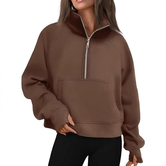 Damen nan oversized Sweatshirt mit halbem Reißverschluss Kängurutasche und Daumenlöchern EB