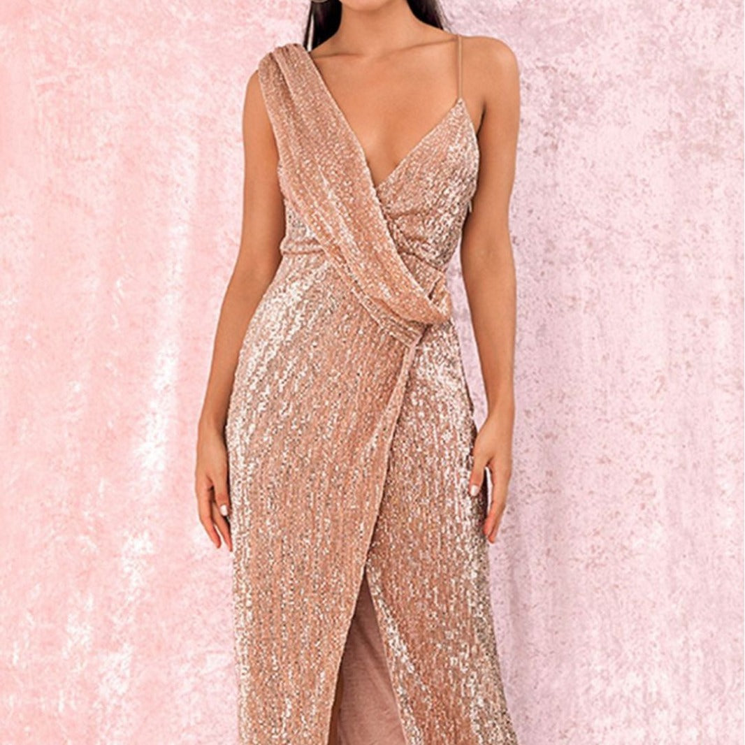 Damen glitzerndes Abendkleid mit Wickeloptik und hohem Schlitz EB