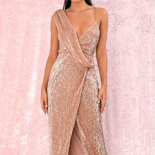 Damen glitzerndes Abendkleid mit Wickeloptik und hohem Schlitz EB