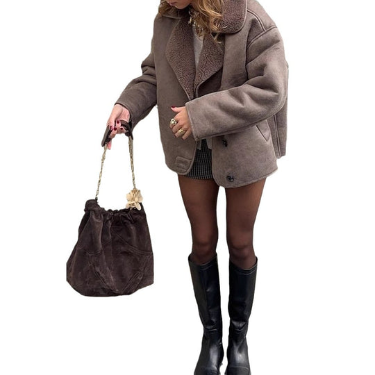 Damen Oversized Kunstlederjacke mit strukturiertem Futter und lässigem Schnitt EB