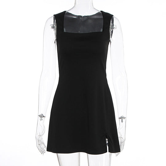 Damen Elegantes ärmelloses Kleid mit quadratischem Ausschnitt und hohem Schlitz EB