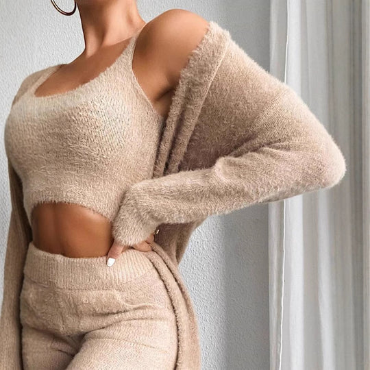 Damen modisches Lounge-Set mit ärmellosem Crop-Top und langem Cardigan EB