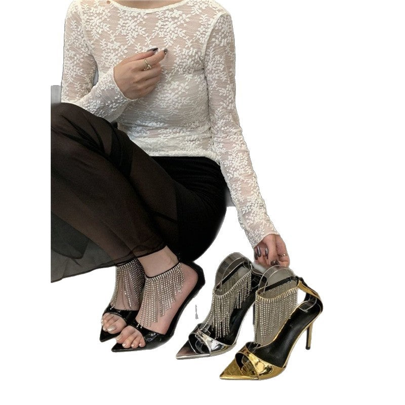 Damen spitze High Heel Sandalen mit funkelndem Strassbesatz EB