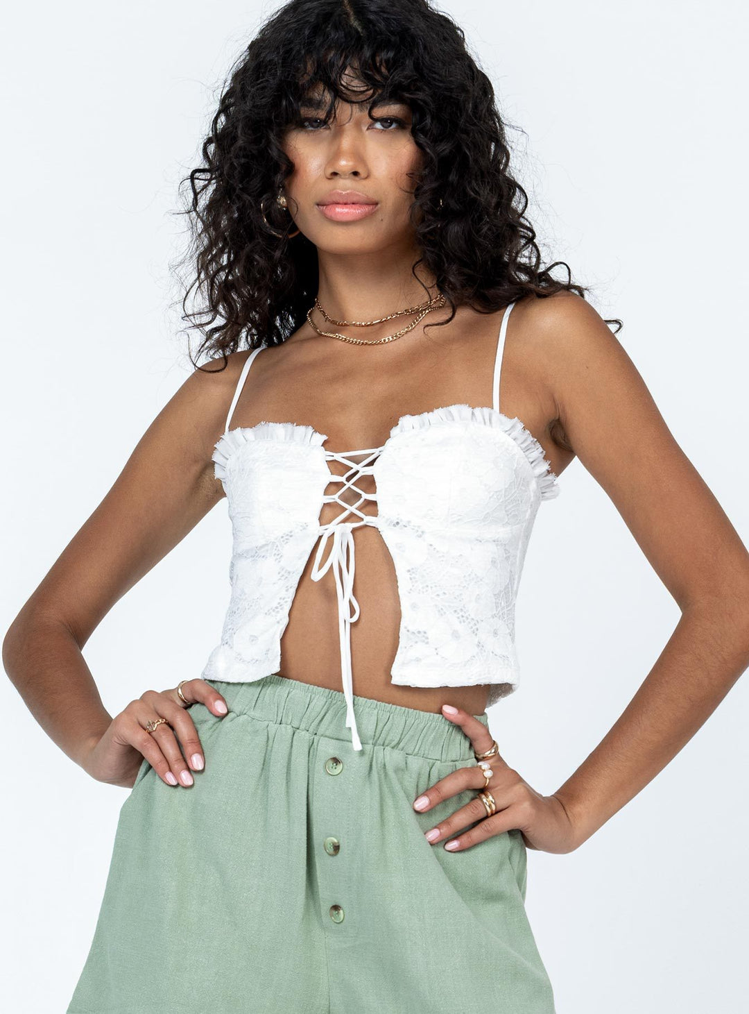 Damen Spitzen-Top mit Schnürung und Rüschendetail EB