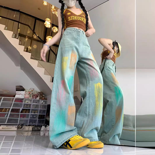 Damen Weit geschnittene Jeans mit modischem Farbspiel und hoher Taille EB