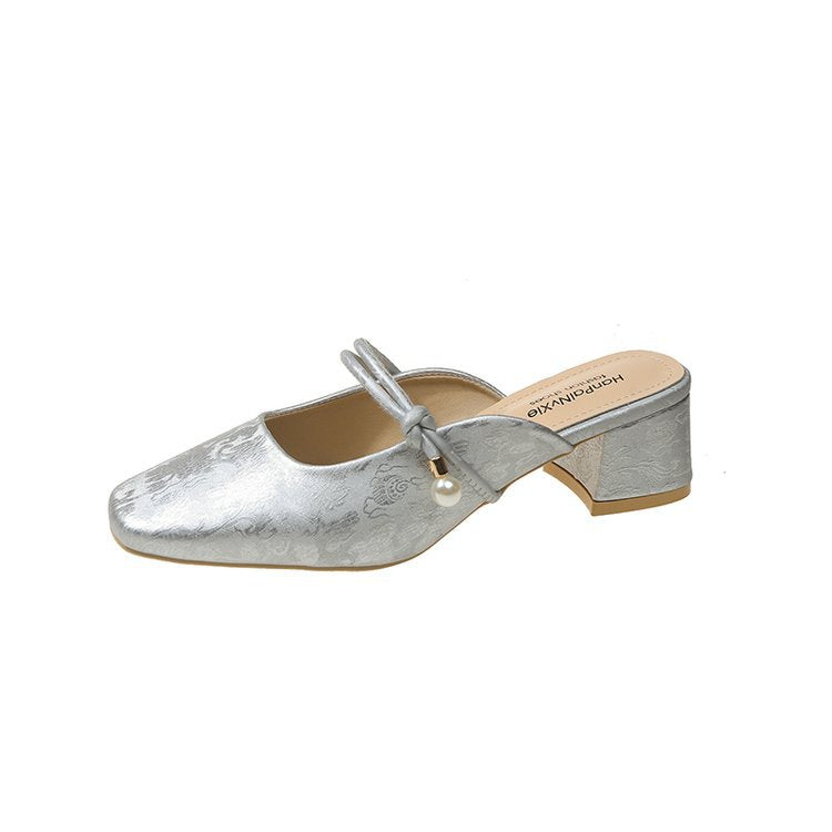 Damen modische Mules mit schicker Perlenapplikation und elegantem Blockabsatz EB